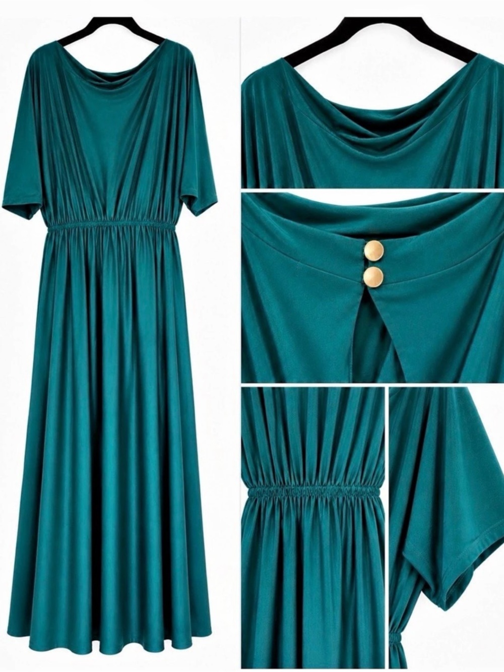 Green Maxi Dress Gold-Tone Buttons Like New